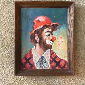 Vintage Signed Oil Painting Clown Portrait S. Bing Framed 20x17 Mid-Century